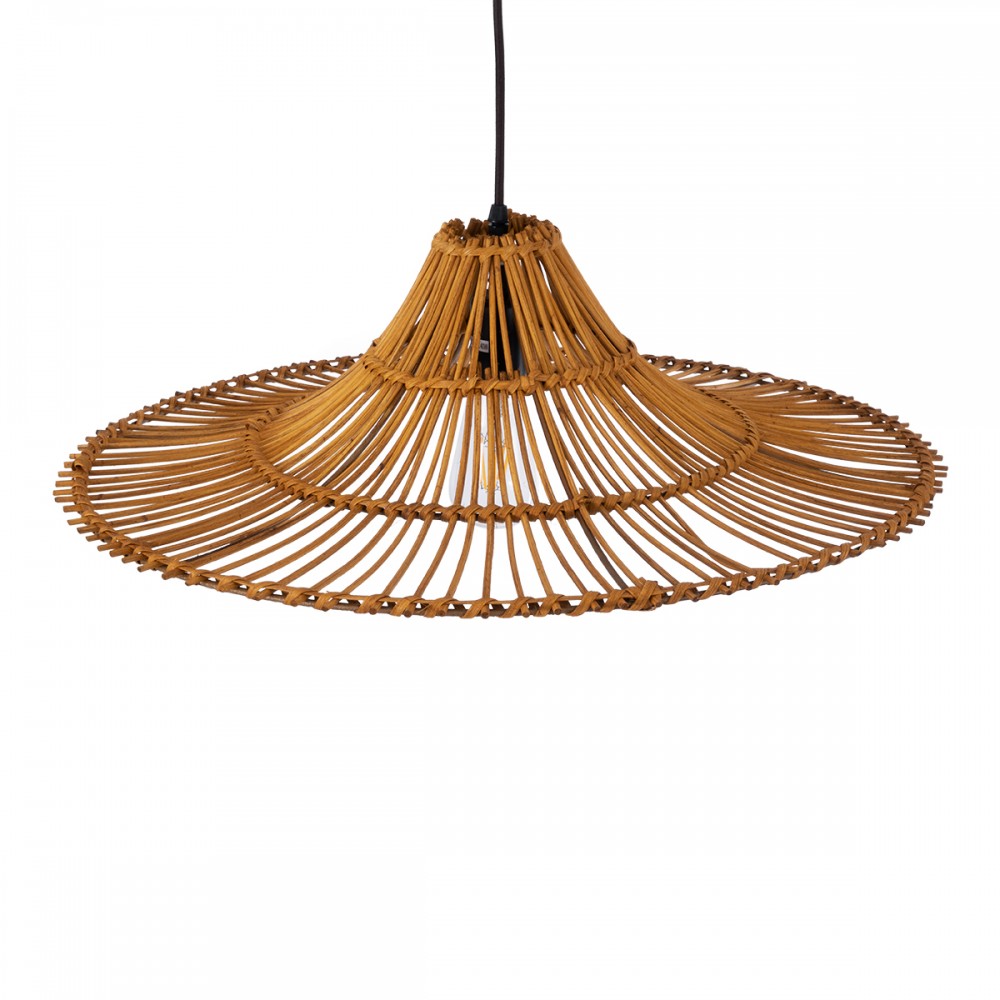 GloboStar® PALERMO 02310 Boho Κρεμαστό Φωτιστικό Οροφής Μονόφωτο 1 x E27 AC220-240V IP20 - Φ60 x Υ18cm - Μπεζ Καφέ Ξύλινο Μπαμπού Πλέγμα - 5 Χρόνια Εγγύηση