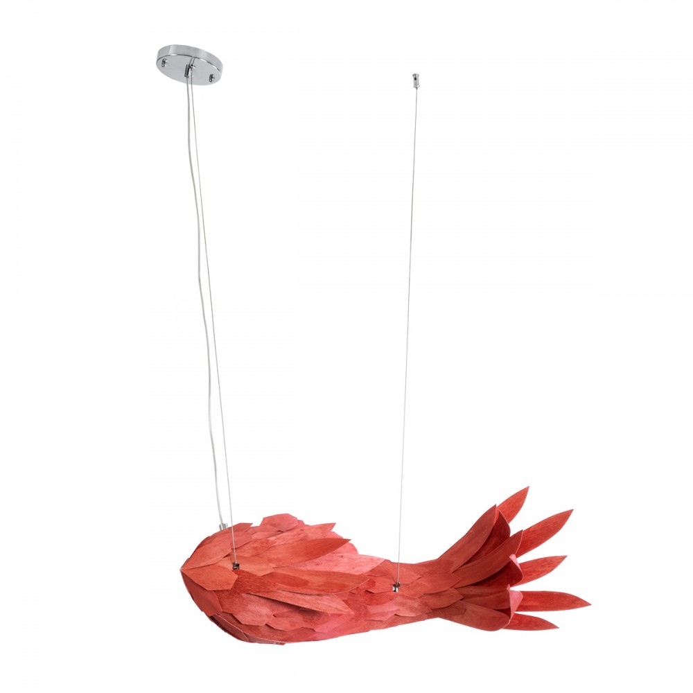 GloboStar® GOURAMI 02360 Boho Κρεμαστό Φωτιστικό Οροφής Μονόφωτο 1 x E27 AC220-240V IP20 - Μ70 x Π40 x Υ27cm - Κόκκινο Λεπτό Φύλλο Ξύλου Πλέγμα - 5 Χρόνια Εγγύηση