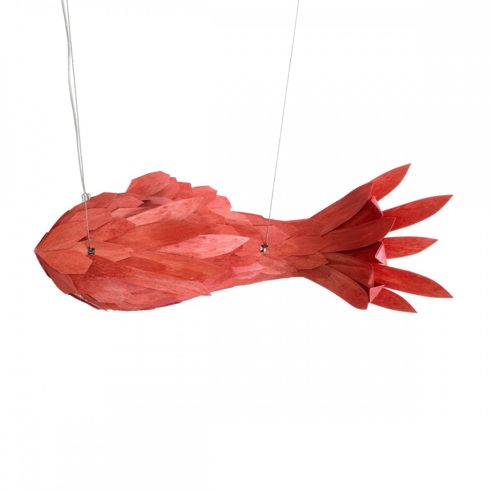GloboStar® GOURAMI 02360 Boho Κρεμαστό Φωτιστικό Οροφής Μονόφωτο 1 x E27 AC220-240V IP20 - Μ70 x Π40 x Υ27cm - Κόκκινο Λεπτό Φύλλο Ξύλου Πλέγμα - 5 Χρόνια Εγγύηση