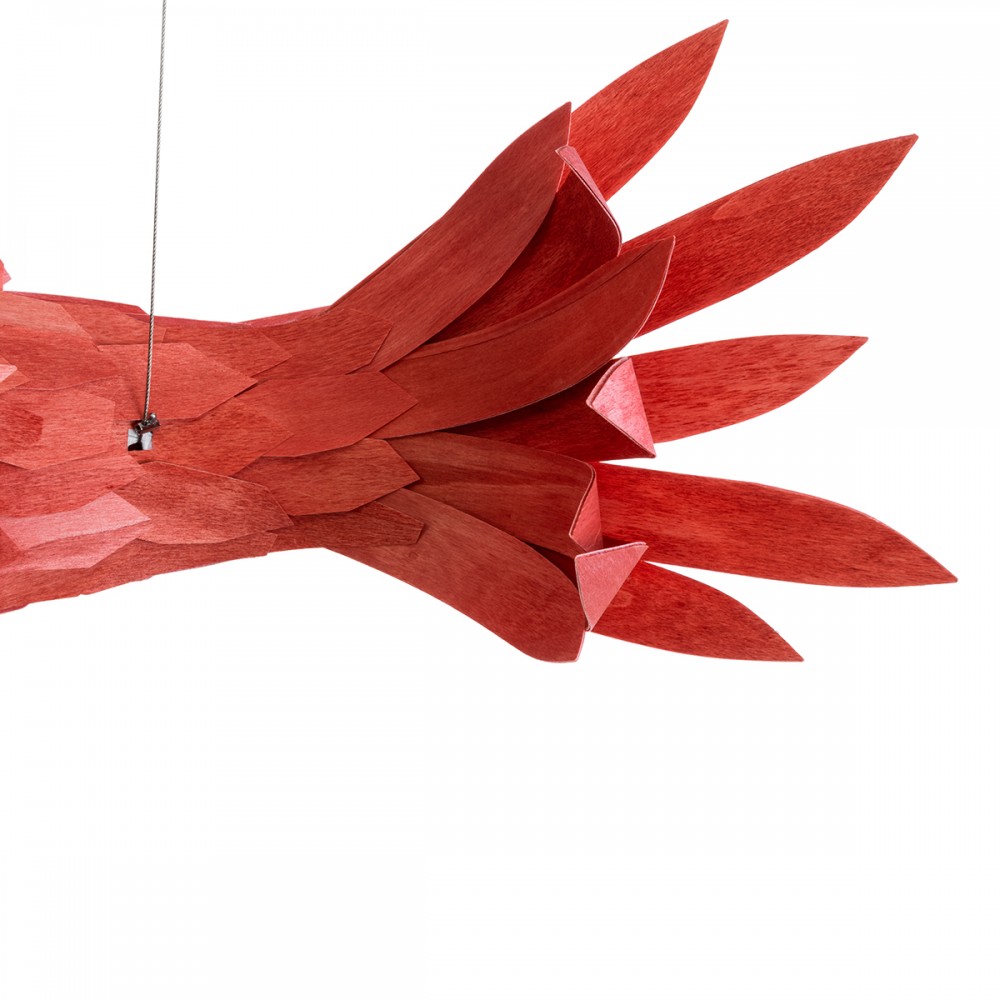 GloboStar® GOURAMI 02360 Boho Κρεμαστό Φωτιστικό Οροφής Μονόφωτο 1 x E27 AC220-240V IP20 - Μ70 x Π40 x Υ27cm - Κόκκινο Λεπτό Φύλλο Ξύλου Πλέγμα - 5 Χρόνια Εγγύηση
