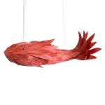GloboStar® GOURAMI 02361 Boho Κρεμαστό Φωτιστικό Οροφής Μονόφωτο 1 x E27 AC220-240V IP20 - Μ100 x Π72 x Υ36cm - Κόκκινο Λεπτό Φύλλο Ξύλου Πλέγμα - 5 Χρόνια Εγγύηση