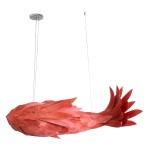 GloboStar® GOURAMI 02361 Boho Κρεμαστό Φωτιστικό Οροφής Μονόφωτο 1 x E27 AC220-240V IP20 - Μ100 x Π72 x Υ36cm - Κόκκινο Λεπτό Φύλλο Ξύλου Πλέγμα - 5 Χρόνια Εγγύηση