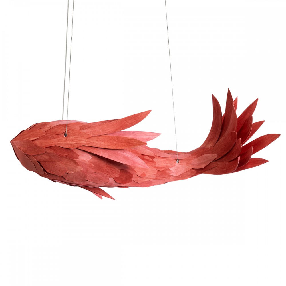 GloboStar® GOURAMI 02361 Boho Κρεμαστό Φωτιστικό Οροφής Μονόφωτο 1 x E27 AC220-240V IP20 - Μ100 x Π72 x Υ36cm - Κόκκινο Λεπτό Φύλλο Ξύλου Πλέγμα - 5 Χρόνια Εγγύηση