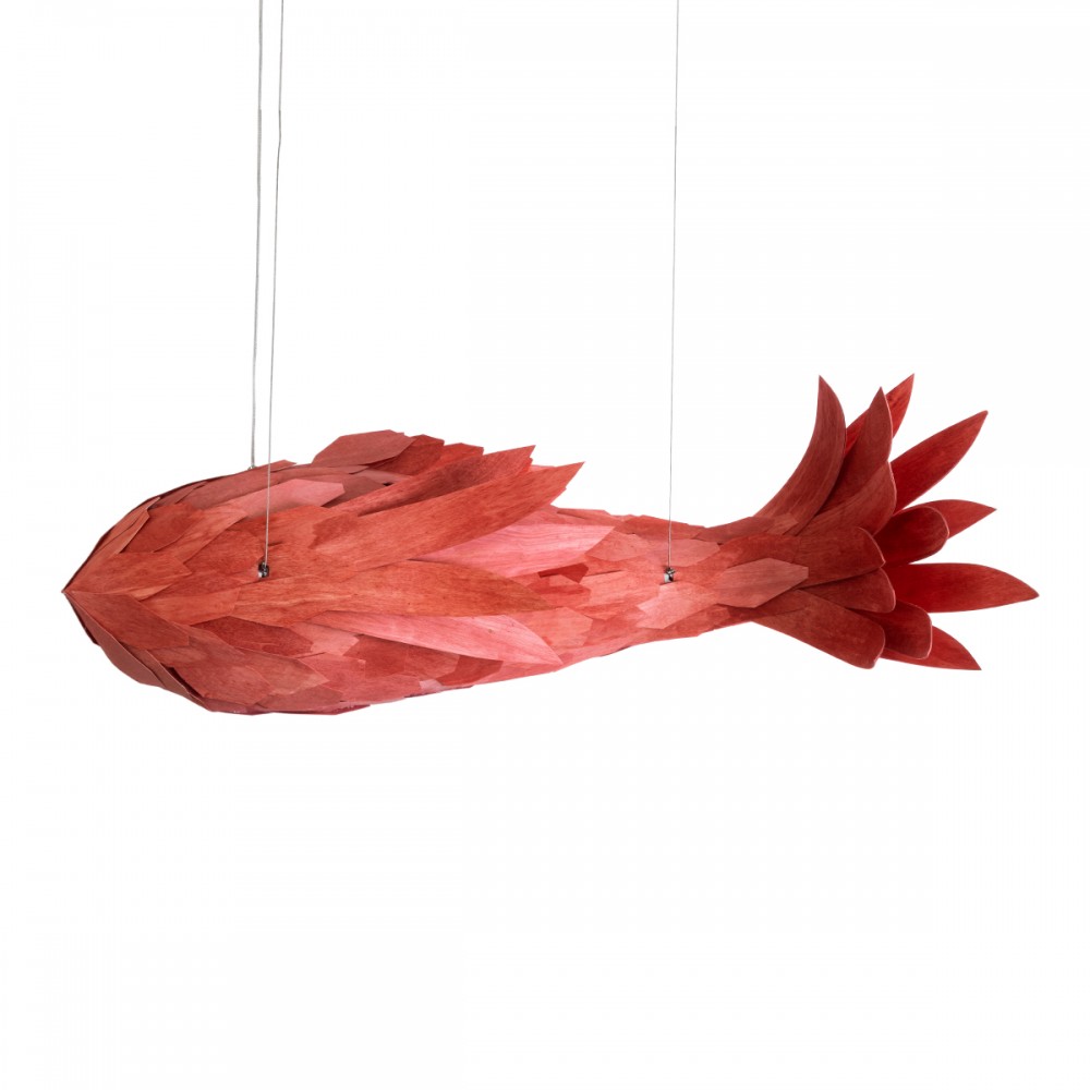 GloboStar® GOURAMI 02361 Boho Κρεμαστό Φωτιστικό Οροφής Μονόφωτο 1 x E27 AC220-240V IP20 - Μ100 x Π72 x Υ36cm - Κόκκινο Λεπτό Φύλλο Ξύλου Πλέγμα - 5 Χρόνια Εγγύηση
