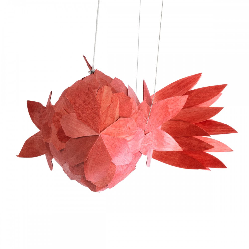 GloboStar® GOURAMI 02361 Boho Κρεμαστό Φωτιστικό Οροφής Μονόφωτο 1 x E27 AC220-240V IP20 - Μ100 x Π72 x Υ36cm - Κόκκινο Λεπτό Φύλλο Ξύλου Πλέγμα - 5 Χρόνια Εγγύηση