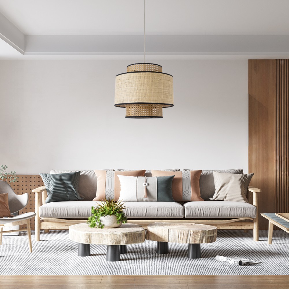 GloboStar® BRAVADO 02386 Boho Κρεμαστό Φωτιστικό Οροφής Μονόφωτο 1 x E27 AC220-240V IP20 - Φ40 x Υ35cm - Καφέ με Μπεζ Μπαμπού Πλέγμα - 5 Χρόνια Εγγύηση