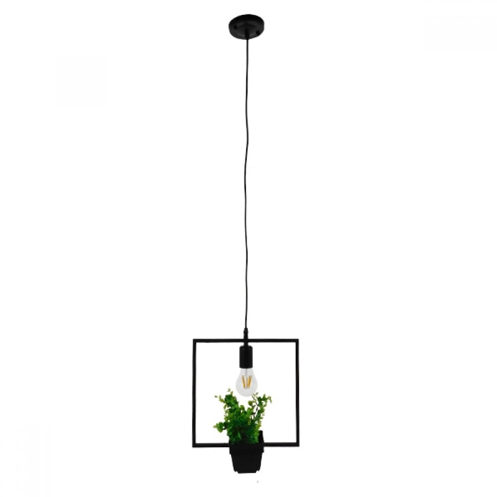 GloboStar® FLOWERPOT 10001211 Μοντέρνο Κρεμαστό Φωτιστικό Οροφής Μονόφωτο 1 x E27 Μαύρο Μεταλλικό με Διακοσμητικό Φυτό Φ30 x Y30cm