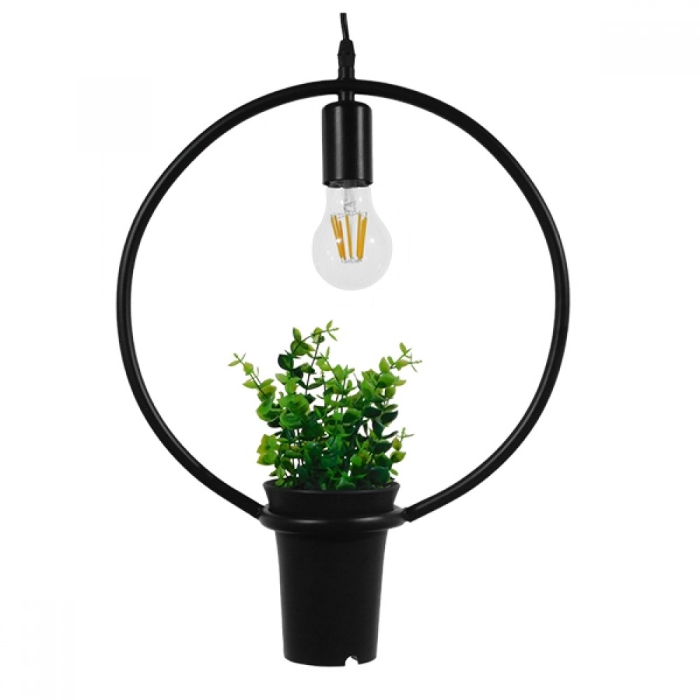 GloboStar® FLOWERPOT 10001212 Μοντέρνο Κρεμαστό Φωτιστικό Ανάρτηση Μονόφωτο 1 x E27 IP20 Μαύρο Μέταλλο με Πράσινο Πλαστικό - Μ30 x Π30 x Υ30cm