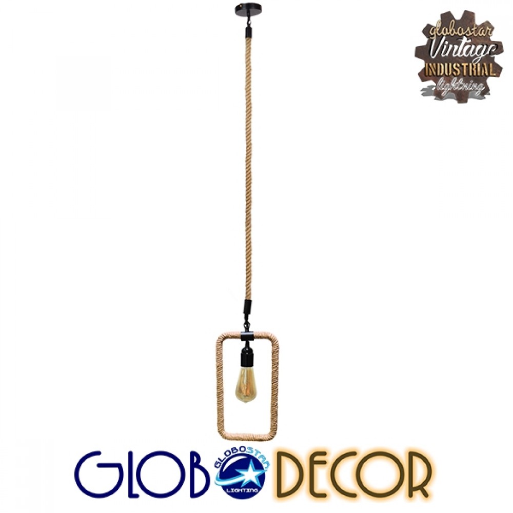 GloboStar® MALVERN 10001237 Vintage Industrial Κρεμαστό Φωτιστικό Οροφής Μονόφωτο 1 x E27 Μαύρο Μεταλλικό με Μπεζ Σχοινί Μ33 x Π18 x Υ22cm