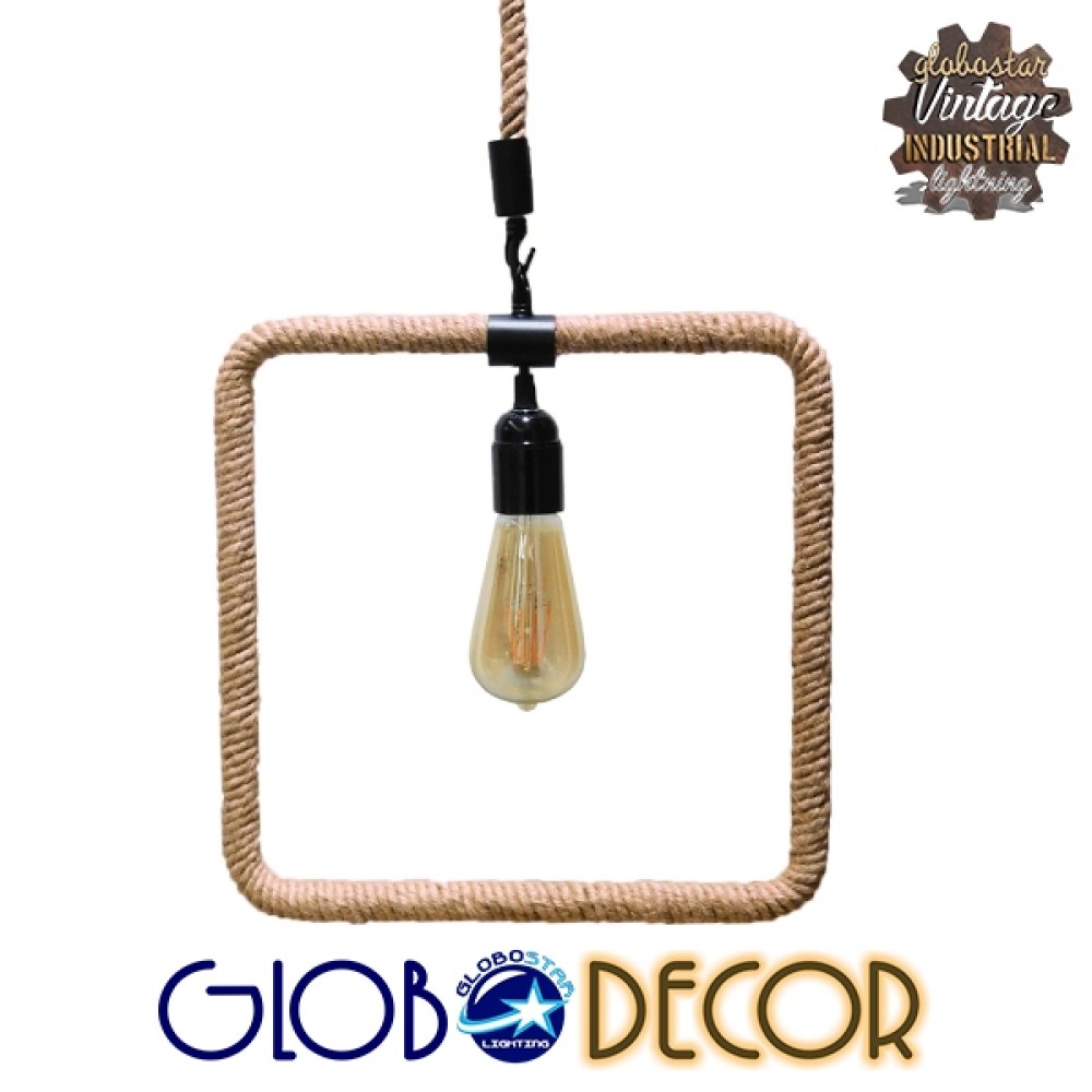 GloboStar® MALVERN 10001240 Vintage Industrial Κρεμαστό Φωτιστικό Οροφής Μονόφωτο 1 x E27 Μαύρο Μεταλλικό με Μπεζ Σχοινί Μ33 x Π22 x Υ33cm