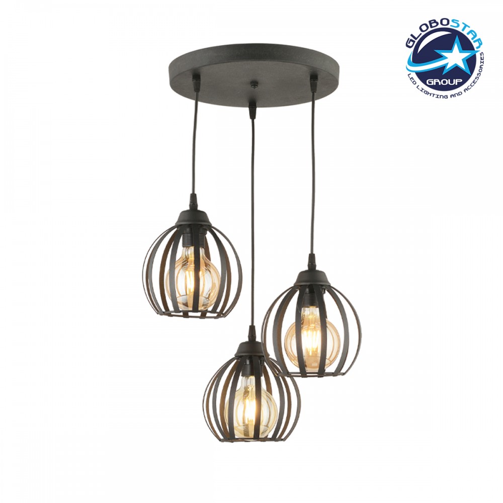 GloboStar® LUSE 202-0049 Μοντέρνο Κρεμαστό Φωτιστικό Πλέγμα Τρίφωτο 3 x E27 IP20 Μαύρο Μέταλλο - Μ30 x Π30 x Υ70cm