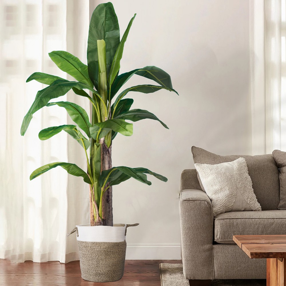 GloboStar® Artificial Garden CHALKI 20200 Διακοσμητικό Πλεκτό Καλάθι - Κασπώ Γλάστρα - Flower Pot  Μπεζ Σκούρο με Λευκό Π35cm x Υ40cm