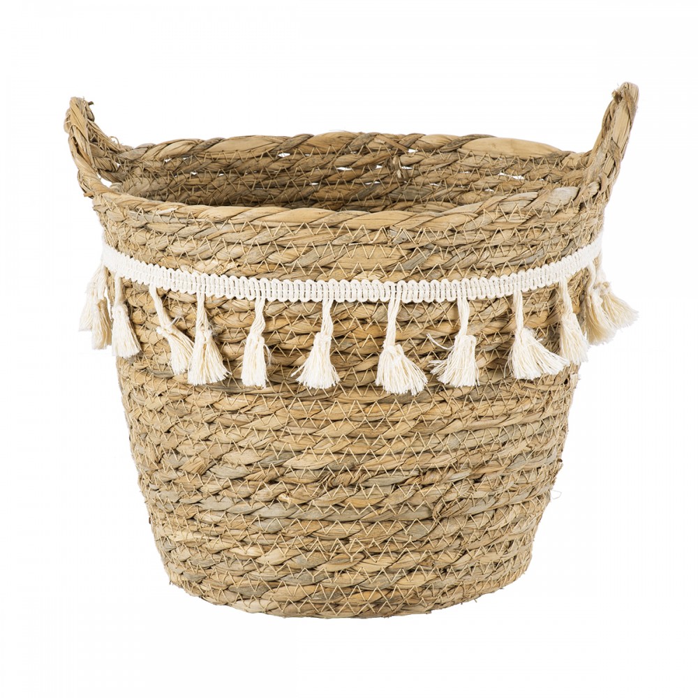 GloboStar® Artificial Garden SANTORINI 20284 Διακοσμητικό Πλεκτό Καλάθι - Κασπώ Γλάστρα - Flower Pot Μπεζ με Μακραμέ Φ20cm x Υ20cm