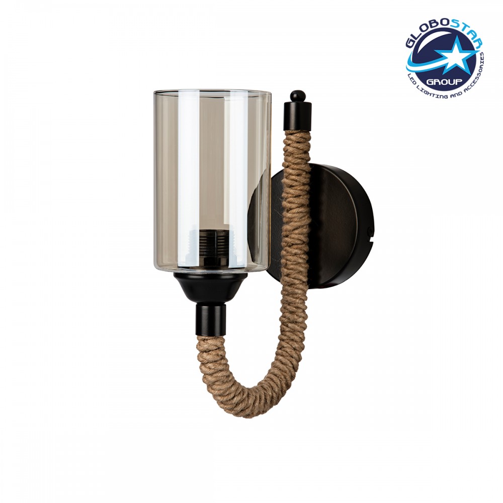 GloboStar® RIFT 203-0002 Vintage Επιτοίχιο Φωτιστικό Απλίκα Σχοινί Μονόφωτο 1 x E27 IP20 Μαύρο Μέταλλο με Μπεζ Σχοινί με Φιμέ Γυαλί - Μ22.5 x Π22.5 x Υ28.5cm