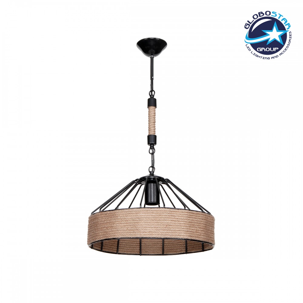 GloboStar® ZION 203-0003 Vintage Κρεμαστό Φωτιστικό Σχοινί Μονόφωτο 1 x E27 IP20 Μαύρο Μέταλλο με Μπεζ Σχοινί - Μ33 x Π33 x Υ29cm