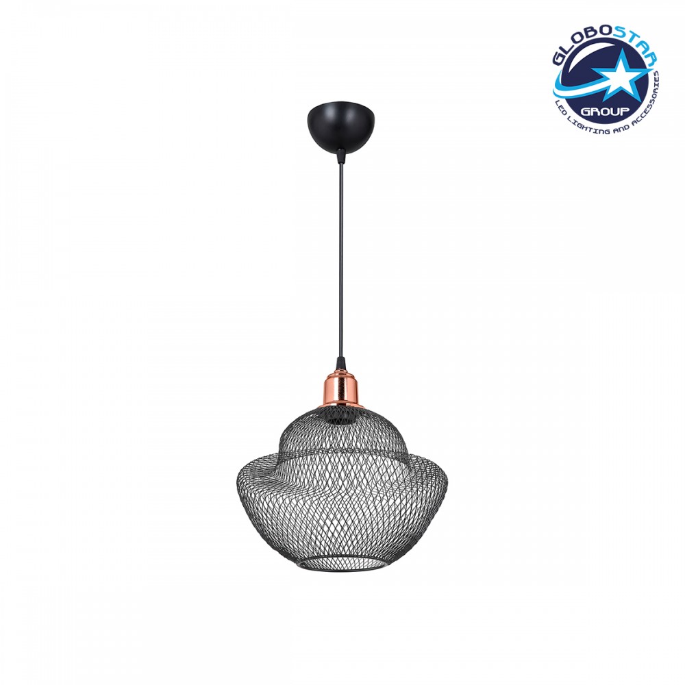 GloboStar® WIRE 203-0004 Μοντέρνο Κρεμαστό Φωτιστικό Πλέγμα Μονόφωτο 1 x E27 IP20 Μαύρο Μέταλλο - Μ25 x Π25 x Υ30cm