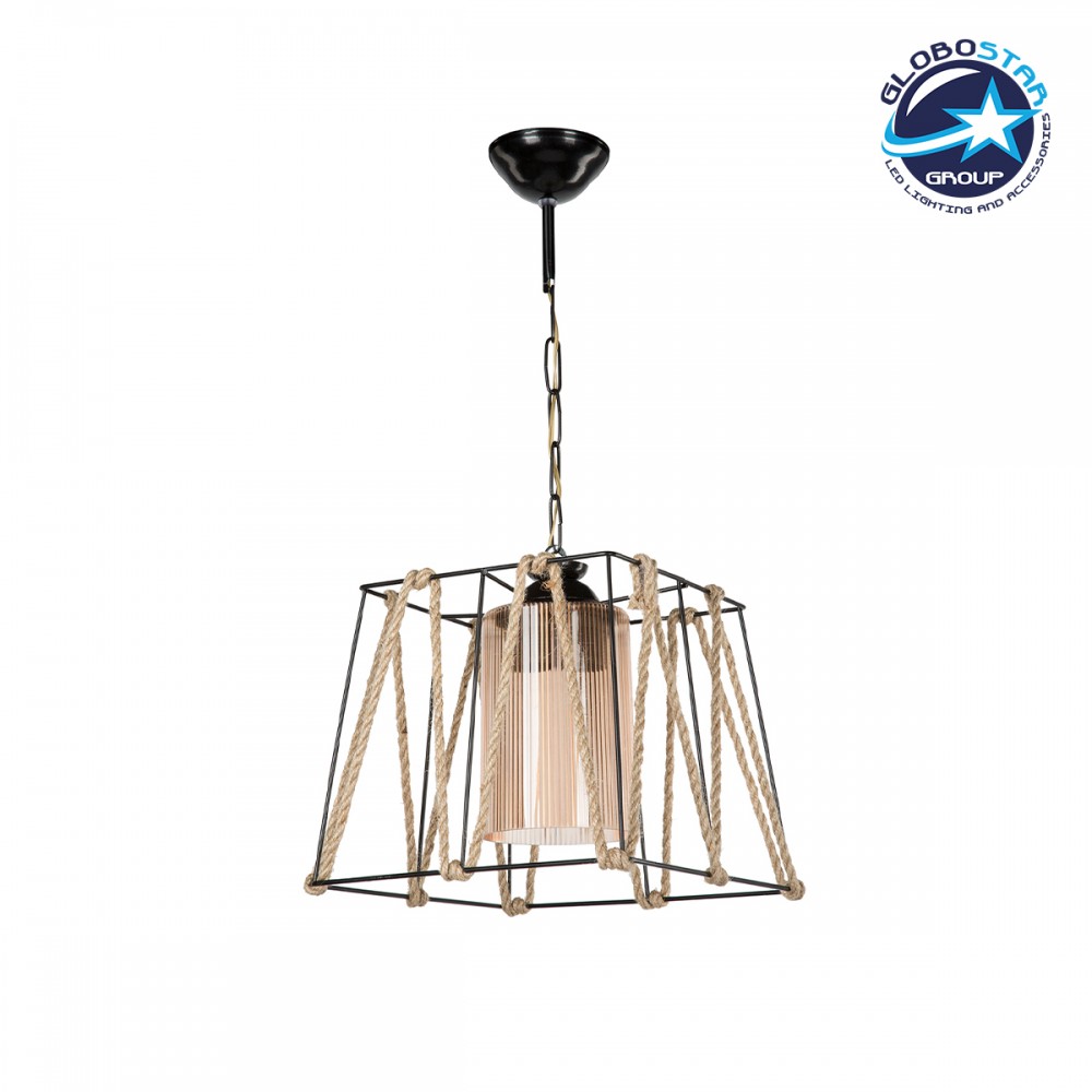 GloboStar® GATSBY 203-0007 Vintage Κρεμαστό Φωτιστικό Σχοινί Μονόφωτο 1 x E27 IP20 Μαύρο Μέταλλο με Μπεζ Σχοινί - Μ25 x Π25 x Υ25cm