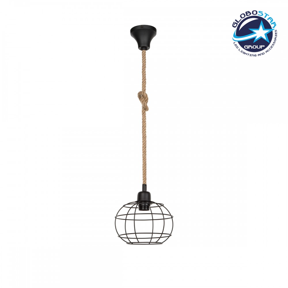 GloboStar® TALAH 203-0008 Vintage Κρεμαστό Φωτιστικό Σχοινί Μονόφωτο 1 x E27 IP20 Μαύρο Μέταλλο με Μπεζ Σχοινί - Μ20 x Π20 x Υ20cm