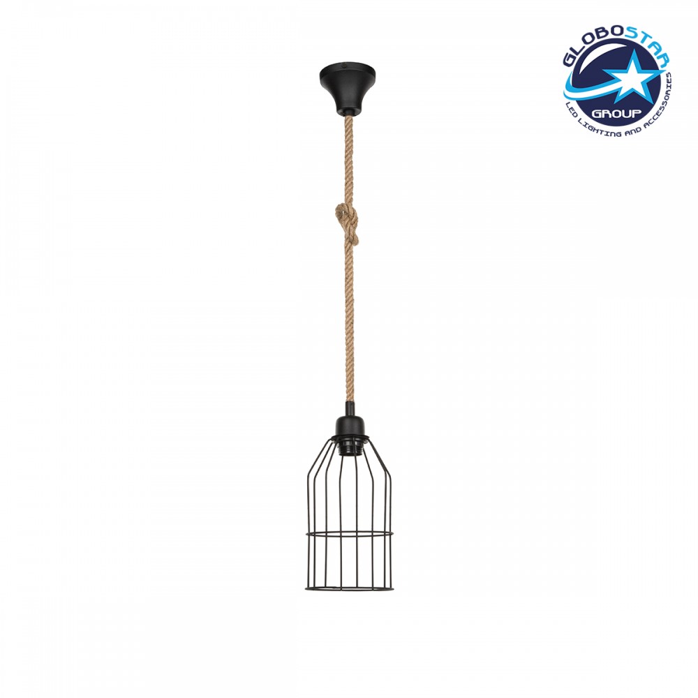 GloboStar® TALAH 203-0009 Vintage Κρεμαστό Φωτιστικό Σχοινί Μονόφωτο 1 x E27 IP20 Μαύρο Μέταλλο με Μπεζ Σχοινί - Μ15.5 x Π15.5 x Υ30cm