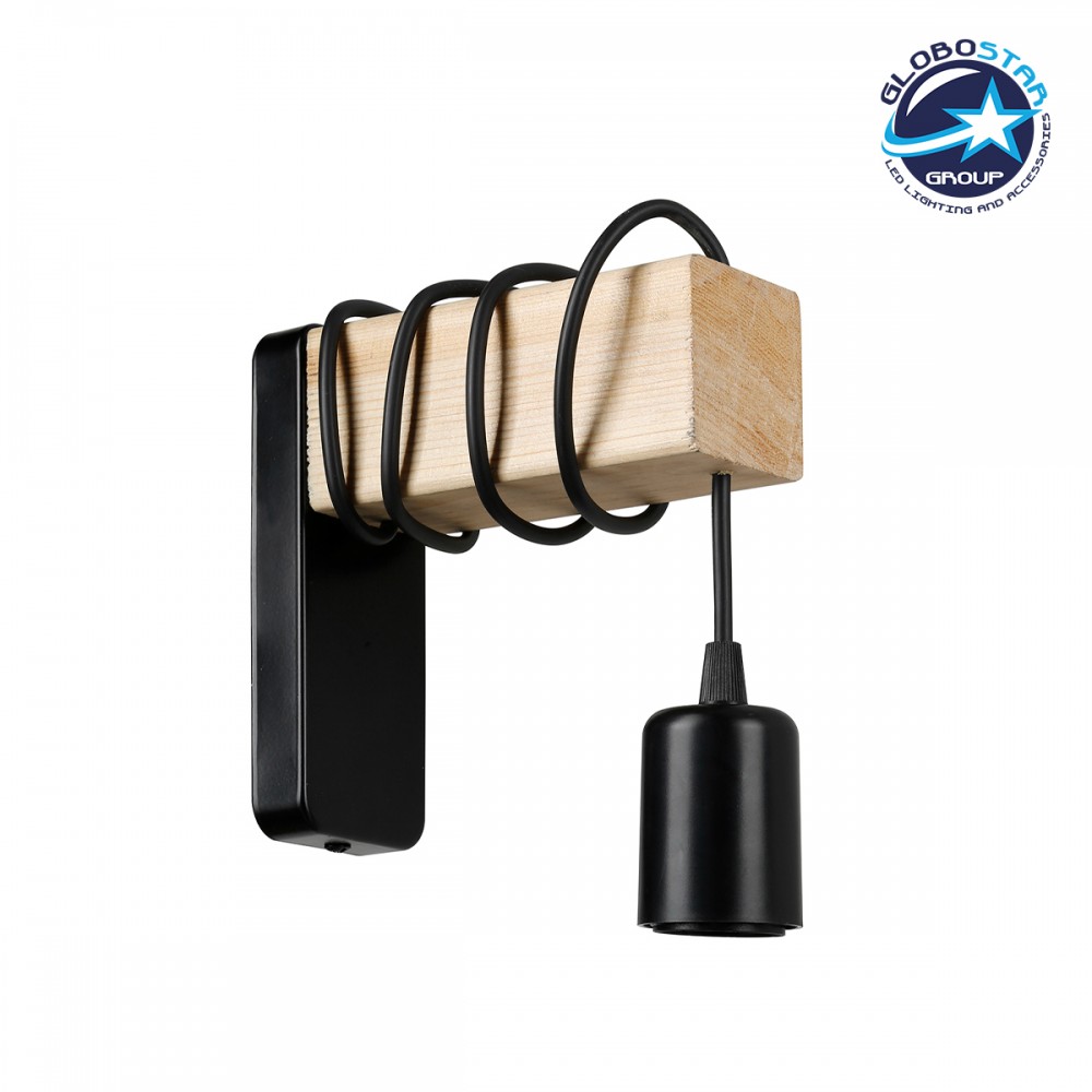 GloboStar® XYLO 203-0014 Μοντέρνο Επιτοίχιο Φωτιστικό Απλίκα Μονόφωτο 1 x E27 IP20 Μαύρο Μέταλλο με Μπεζ Ξύλο - Μ18 x Π18 x Υ19cm