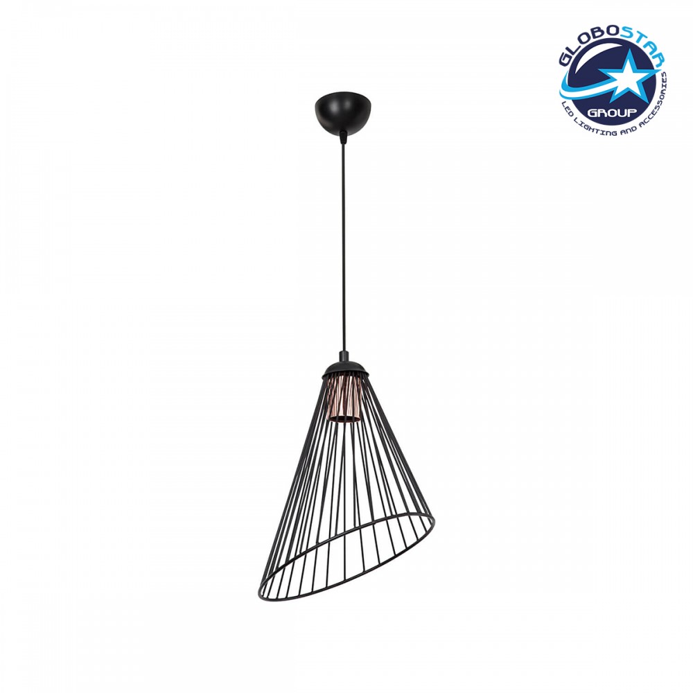 GloboStar® ARCWIRE 203-0015 Μοντέρνο Κρεμαστό Φωτιστικό Πλέγμα Μονόφωτο 1 x E27 IP20 Μαύρο Μέταλλο - Μ25 x Π25 x Υ30cm