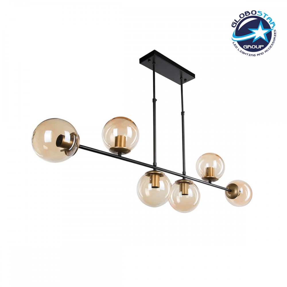 GloboStar® LATTICE 203-0016 Μοντέρνο Κρεμαστό Φωτιστικό Μπάλα Πολύφωτο 6 x E27 IP20 Μαύρο & Μπρούτζινο Μέταλλο με Mελί Γυαλί - Μ120 x Π15 x Υ32cm