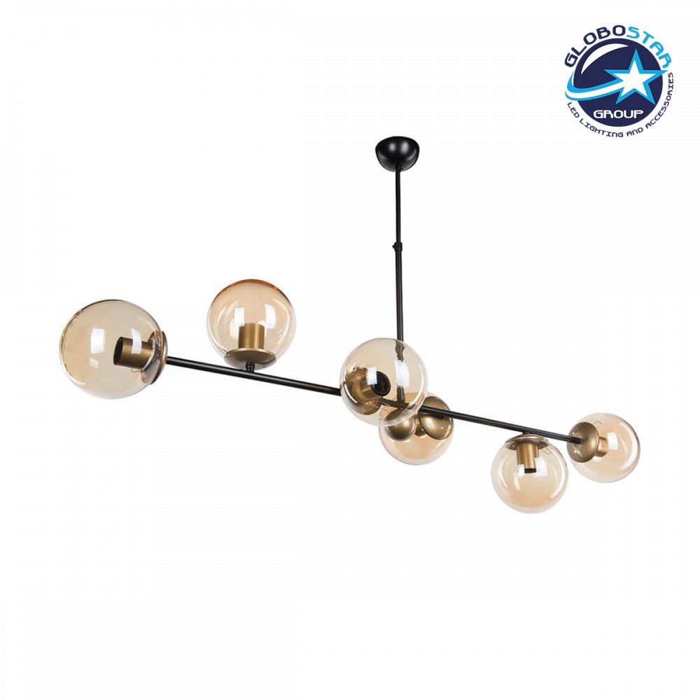 GloboStar® LATTICE 203-0017 Μοντέρνο Κρεμαστό Φωτιστικό Μπάλα Πολύφωτο 6 x E27 IP20 Μαύρο & Μπρούτζινο Μέταλλο με Mελί Γυαλί - Μ120 x Π32 x Υ32cm