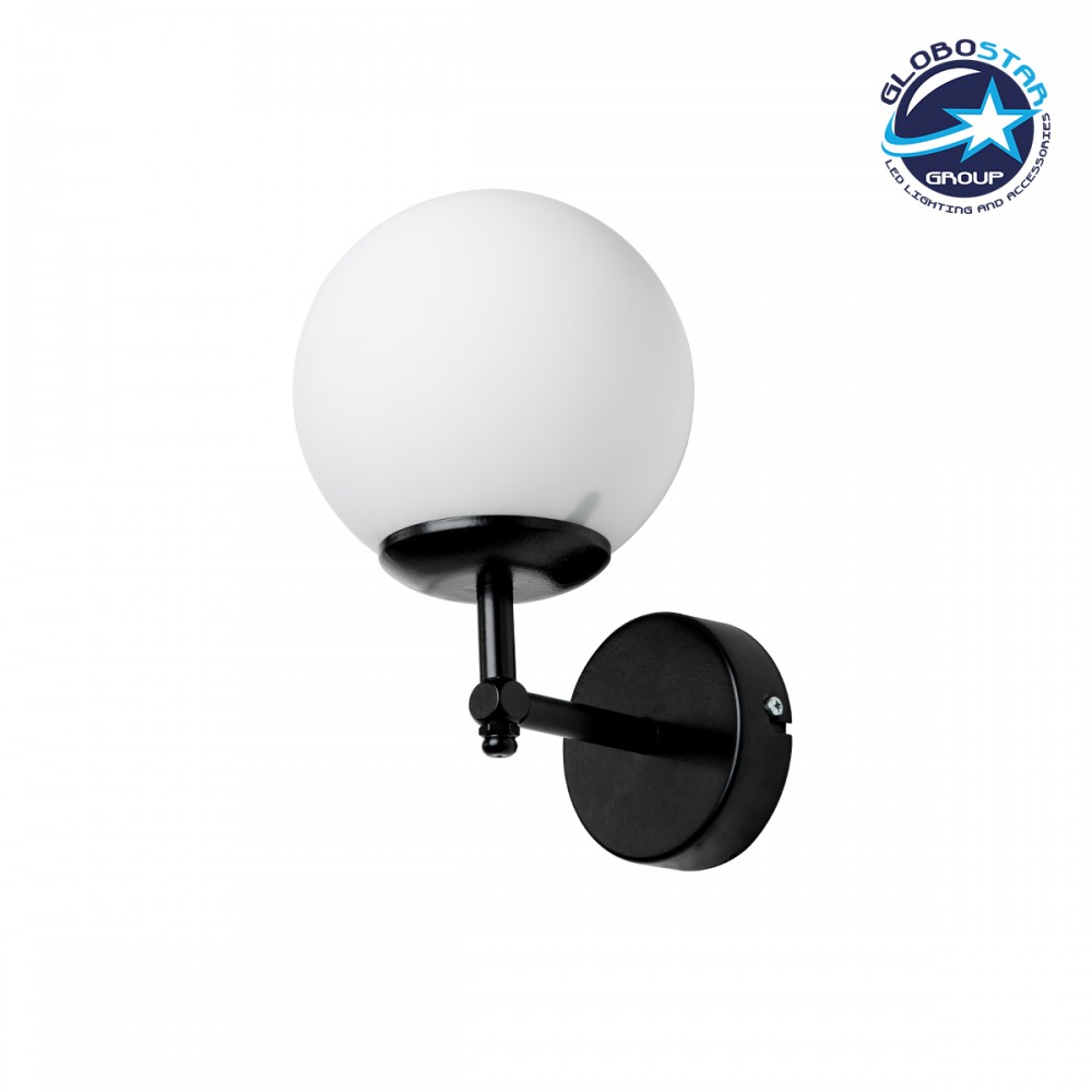 GloboStar® DALPH 203-0032 Vintage Επιτοίχιο Φωτιστικό Απλίκα Μονόφωτο 1 x E27 IP20 Μαύρο Μέταλλο με Λευκό Γυαλί - M18 x Π15 x Υ23cm