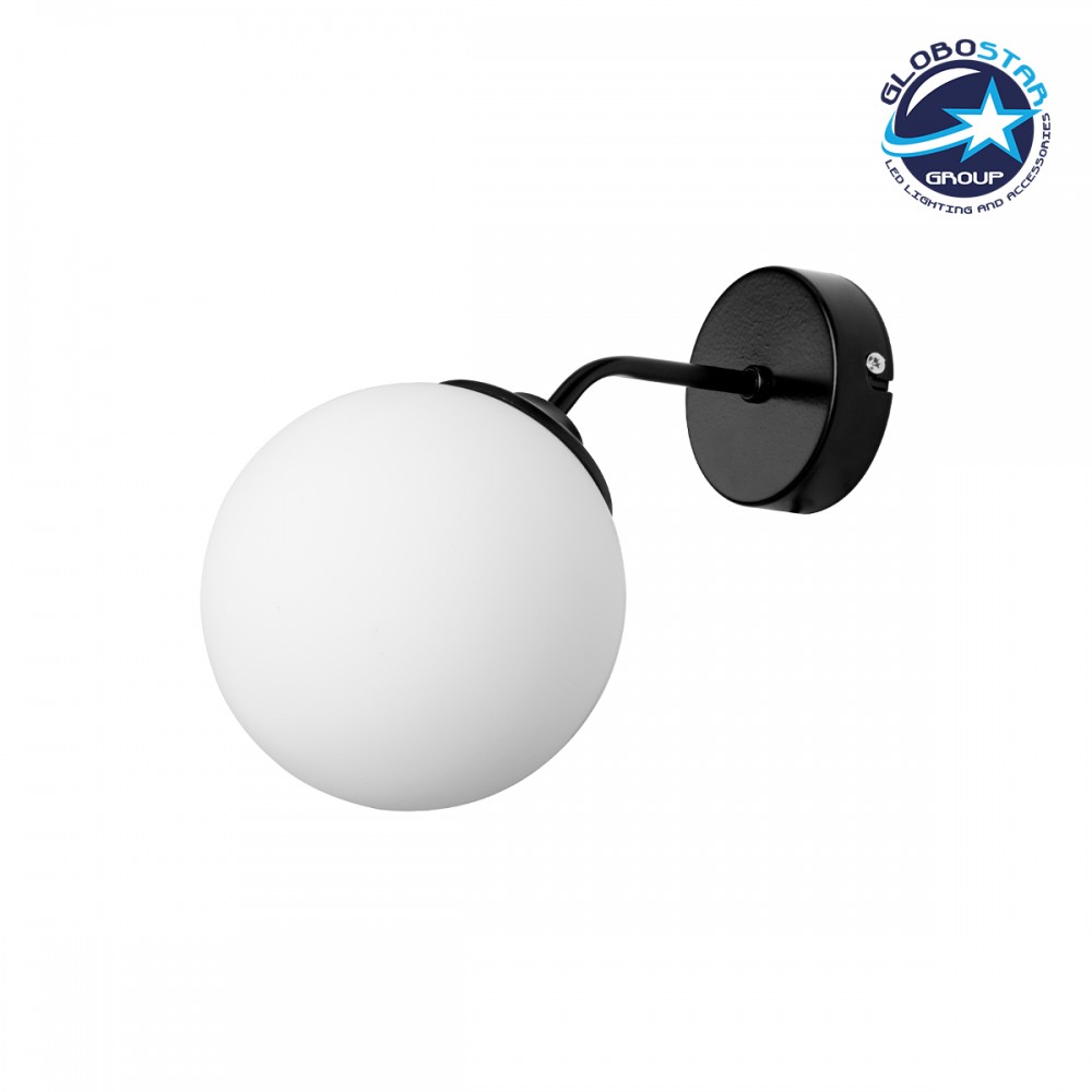 GloboStar® DALPH 203-0034 Vintage Επιτοίχιο Φωτιστικό Απλίκα Μονόφωτο 1 x E27 IP20 Μαύρο Μέταλλο με Λευκό Γυαλί - M15 x Π18 x Υ22.5cm