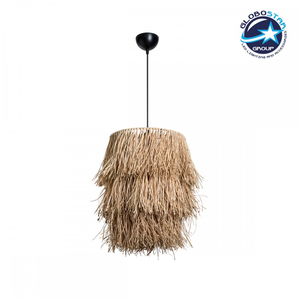 GloboStar® WEG 203-0036 Boho Κρεμαστό Φωτιστικό Καπέλο Μονόφωτο 1 x E27 IP20 Μπέζ Raffia - M45 x Π45 x Υ53cm