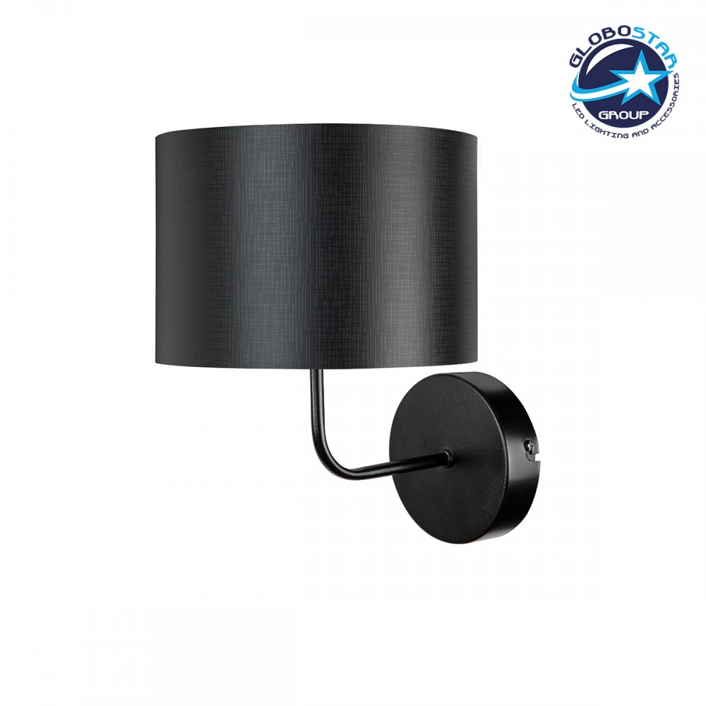 GloboStar® RALPH 203-0038 Vintage Επιτοίχιο Φωτιστικό Απλίκα Μονόφωτο 1 x E27 IP20 Μαύρο Μέταλλο με Μαύρο Ύφασμα - Μ22 x Π29 x Υ30cm