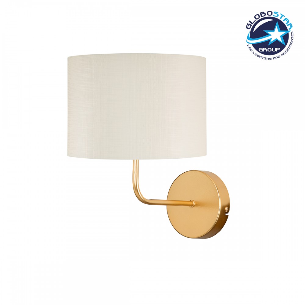 GloboStar® RALPH 203-0039 Vintage Επιτοίχιο Φωτιστικό Απλίκα Μονόφωτο 1 x E27 IP20 Χρυσό Μέταλλο με Λευκό Ύφασμα - Μ22 x Π29 x Υ30cm