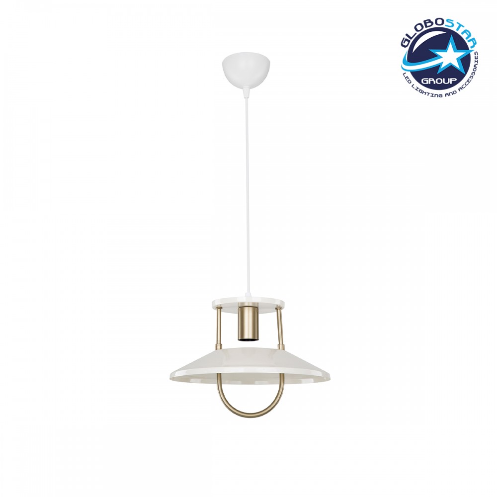 GloboStar® BILLA 203-0041 Vintage Κρεμαστό Φωτιστικό Καμπάνα Μονόφωτο 1 x E27 IP20 Λευκό & Χρυσό Μέταλλο - M30.5 x Π30.5 x Υ20cm
