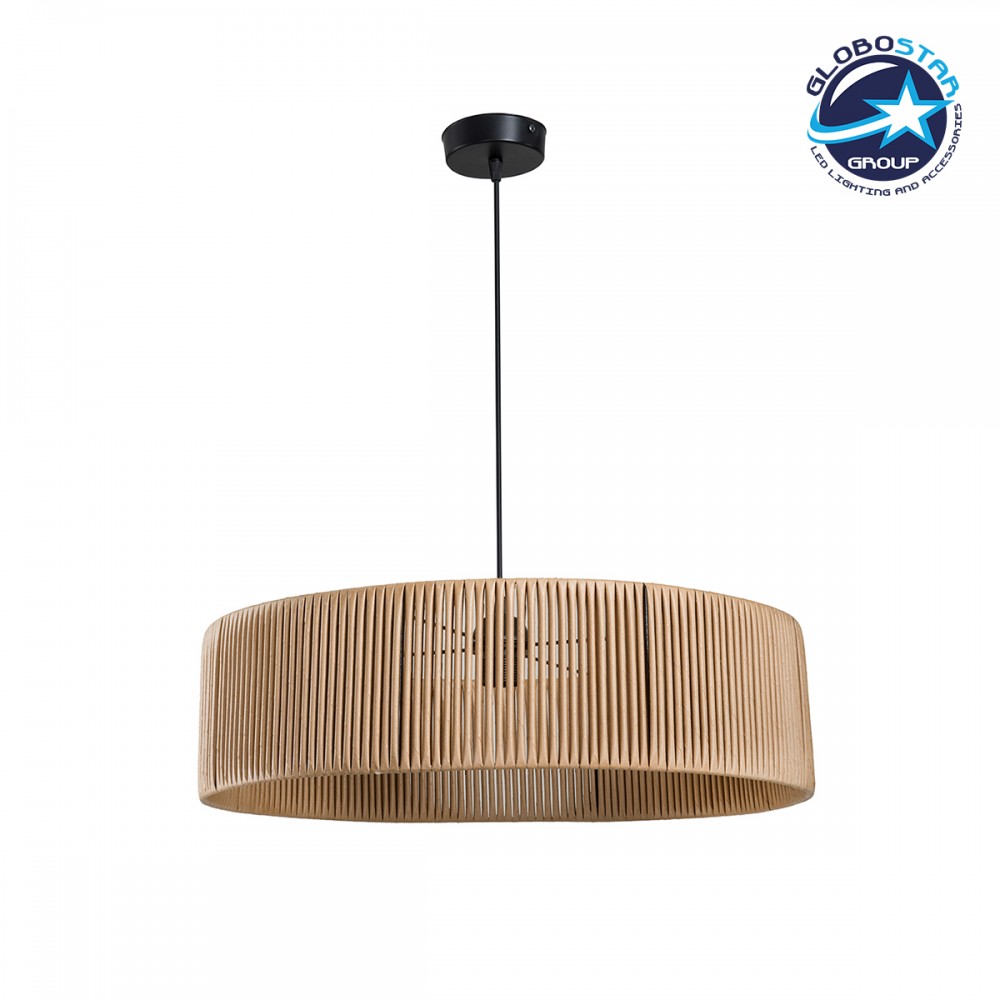 GloboStar® KYCLOS 203-0044 Boho Κρεμαστό Φωτιστικό Καπέλο Μονόφωτο 1 x E27 IP20 Μπέζ Rattan - M55 x Π55 x Υ20cm