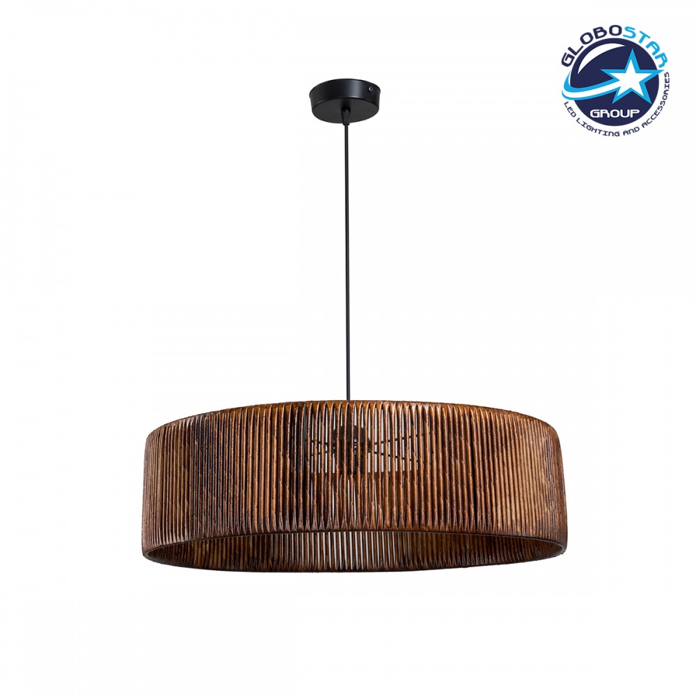 GloboStar® KYCLOS 203-0045 Boho Κρεμαστό Φωτιστικό Καπέλο Μονόφωτο 1 x E27 IP20 Καφέ Rattan - M55 x Π55 x Υ20cm