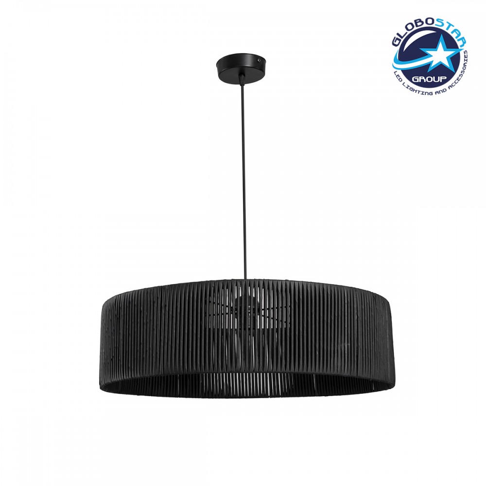 GloboStar® KYCLOS 203-0046 Boho Κρεμαστό Φωτιστικό Καπέλο Μονόφωτο 1 x E27 IP20 Μαύρο Rattan - M55 x Π55 x Υ20cm
