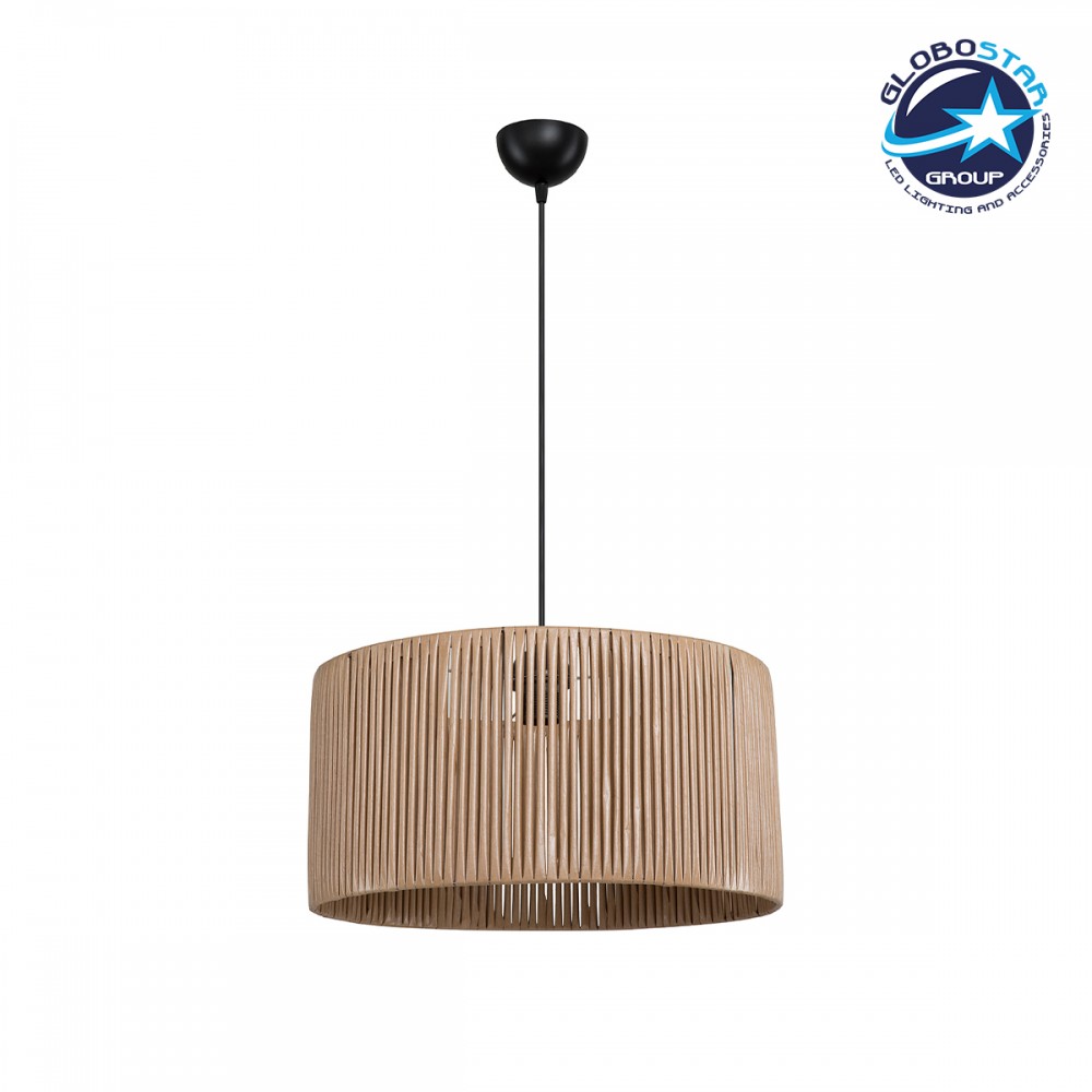 GloboStar® KYCLOS 203-0049 Boho Κρεμαστό Φωτιστικό Καπέλο Μονόφωτο 1 x E27 IP20 Μπεζ Rattan - M40 x Π40 x Υ25.5cm