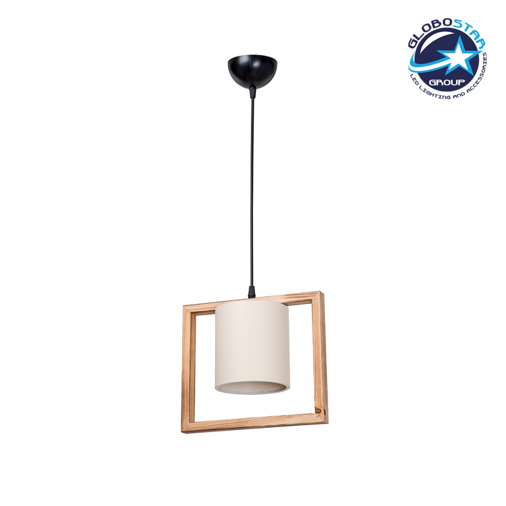 GloboStar® CUP 203-0050 Vintage Κρεμαστό Φωτιστικό Ανάρτηση Μονόφωτο 1 x E27 IP20 Μπεζ Ξύλο με Λευκό Ύφασμα - Μ28 x Π14 x Υ24cm