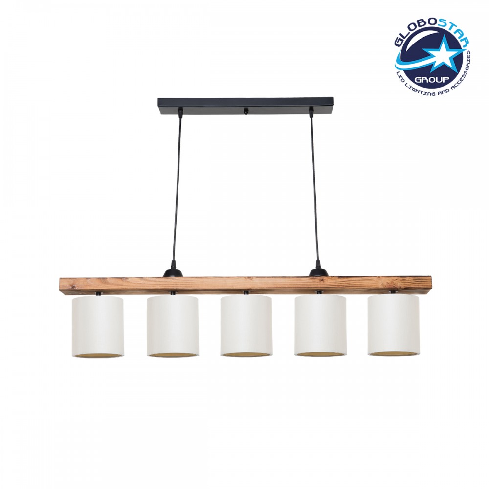 GloboStar® CUP 203-0054 Vintage Κρεμαστό Φωτιστικό Ράγα Πολύφωτο 5 x E27 IP20 Μπεζ Ξύλο με Λευκό Ύφασμα - Μ100 x Π14 x Υ71cm