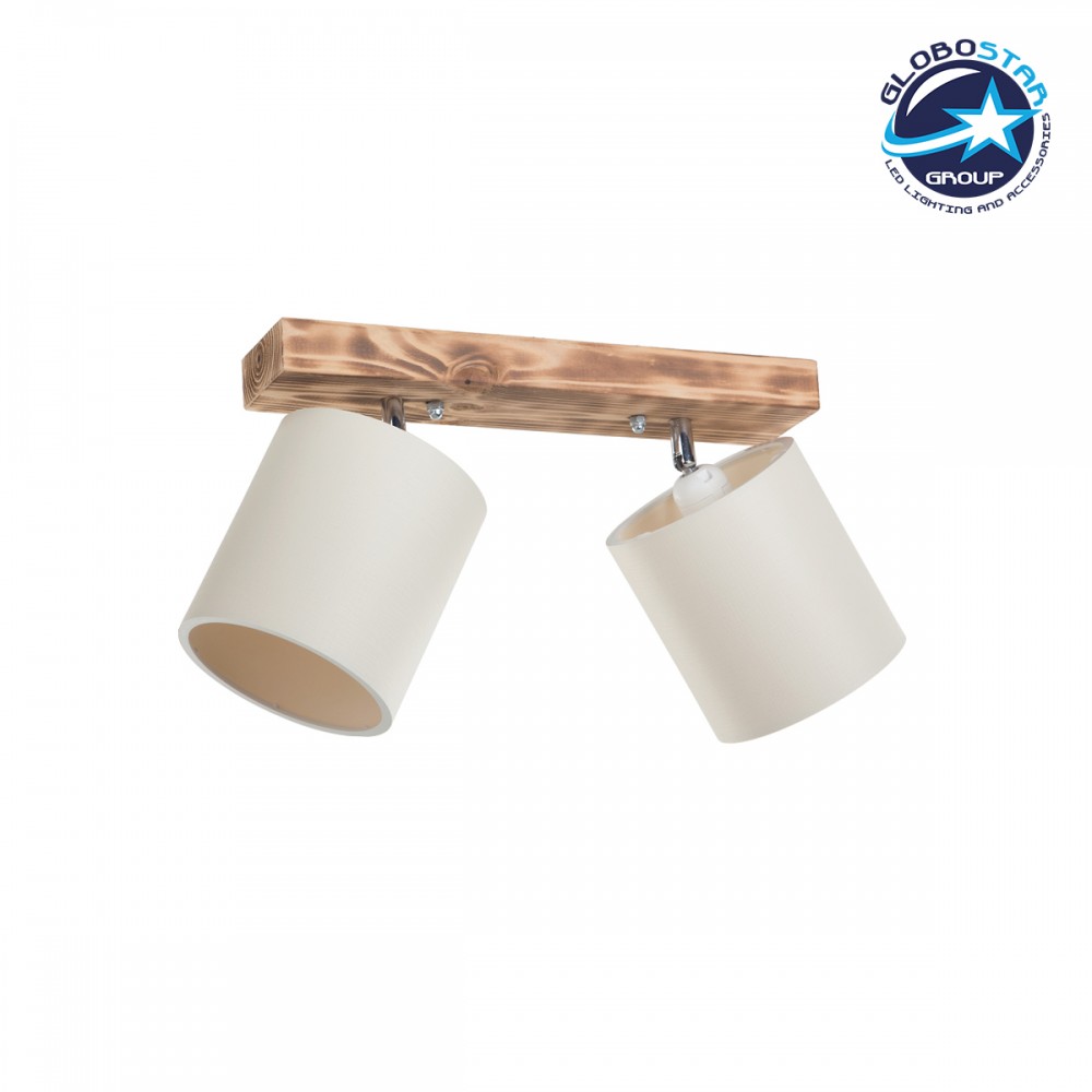 GloboStar® CUP 203-0056 Vintage Φωτιστικό Οροφής Ράγα Δίφωτο 2 x E27 IP20 Μπεζ Ξύλο με Λευκό Ύφασμα - Μ42 x Π14 x Υ26cm