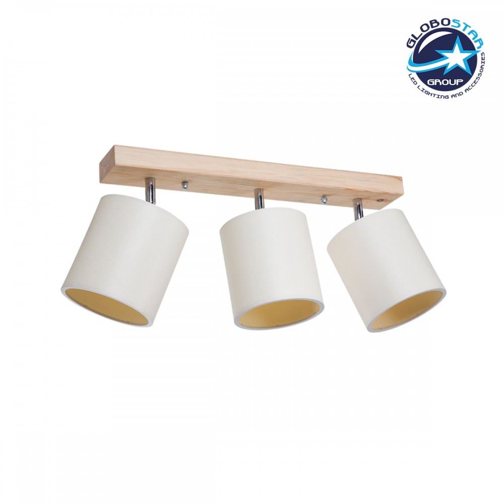 GloboStar® CUP 203-0058 Vintage Φωτιστικό Οροφής Ράγα Τρίφωτο 3 x E27 IP20 Μπέζ Ξύλο με Λευκό Ύφασμα - Μ60 x Π14 x Υ26cm