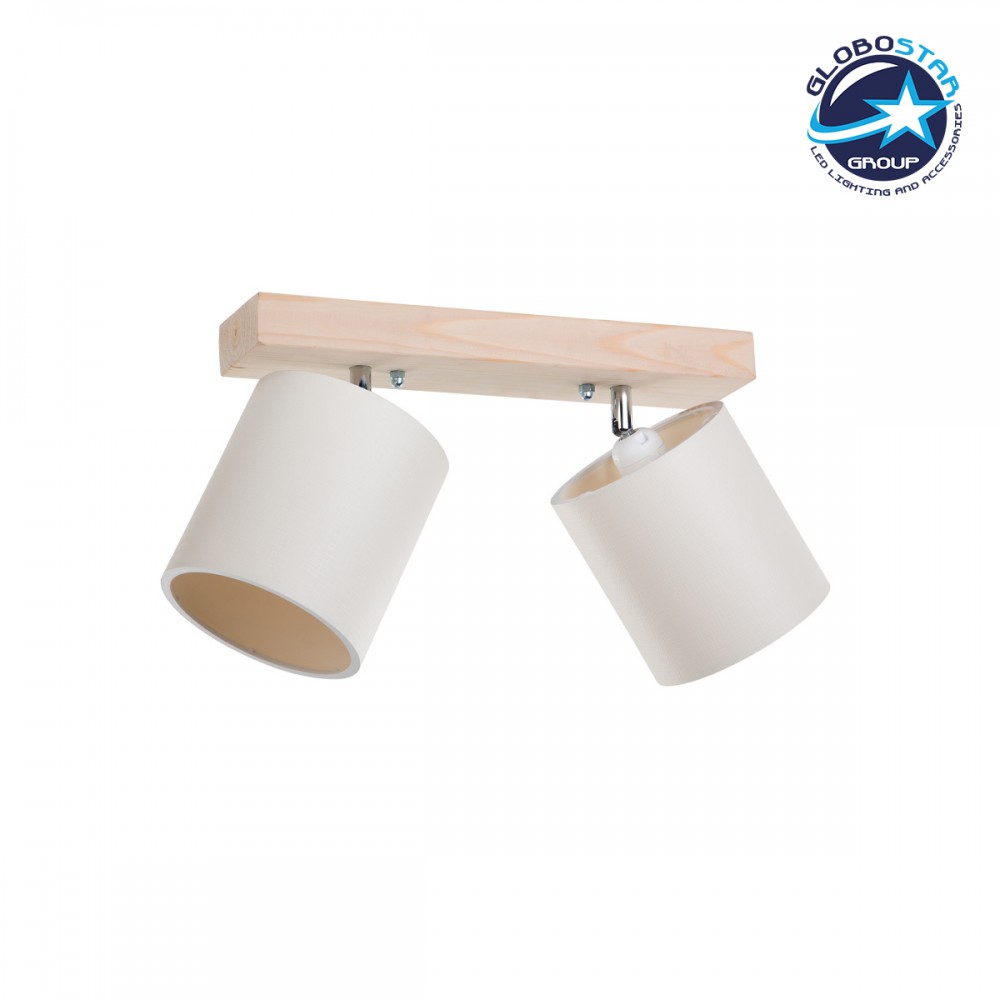 GloboStar® CUP 203-0059 Vintage Φωτιστικό Οροφής Ράγα Δίφωτο 2 x E27 IP20 Μπέζ Ξύλο με Λευκό Ύφασμα - Μ42 x Π14 x Υ26cm
