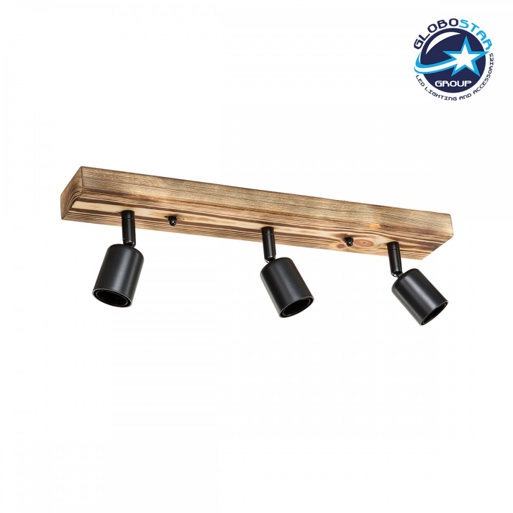 GloboStar® CUP 203-0061 Vintage Φωτιστικό Οροφής Ράγα Τρίφωτο 3 x E27 IP20 Μαύρο Μέταλλο με Μπέζ Ξύλο - Μ50 x Π8 x Υ15cm