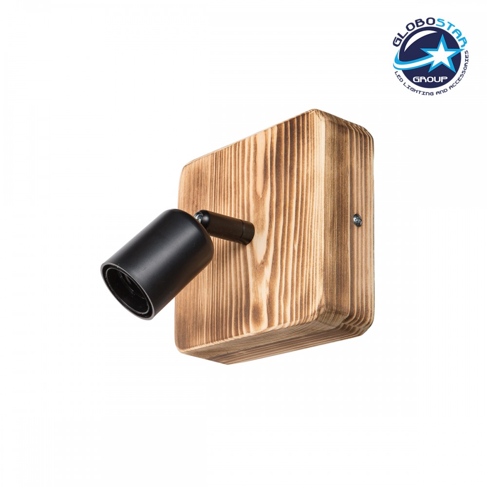 GloboStar® CUP 203-0062 Vintage Επιτοίχιο Φωτιστικό Απλίκα Μονόφωτο 1 x E27 IP20 Καφέ Ξύλο με Μαύρο Πλαστικό - Μ14.5 x Π14 x Υ15cm