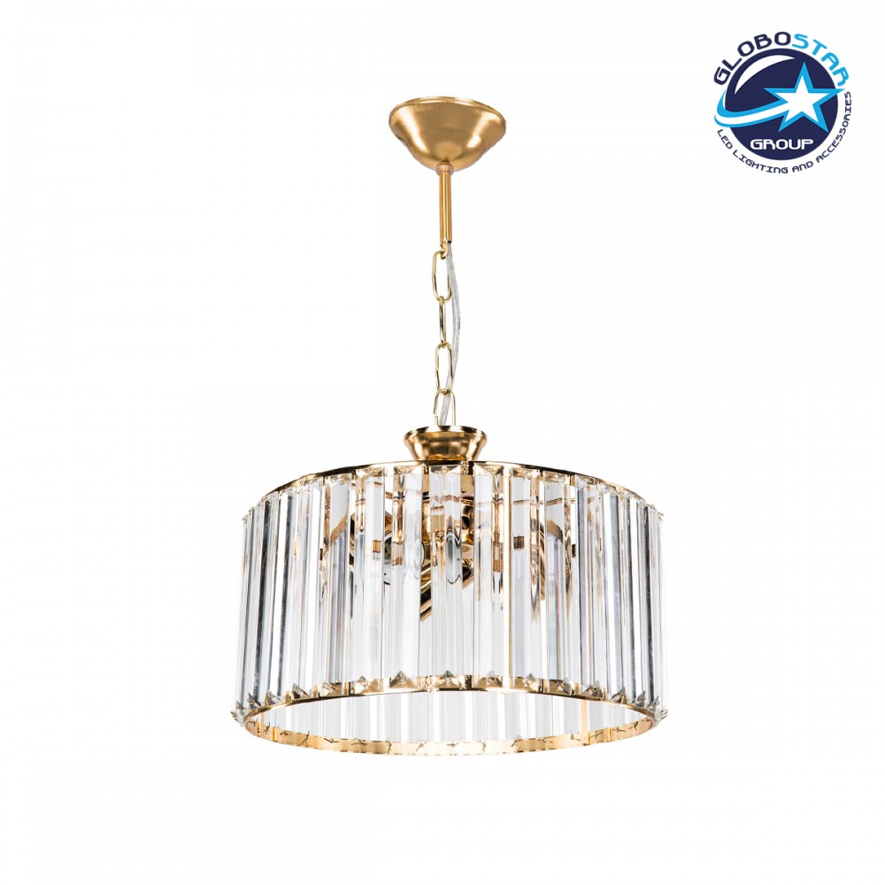 GloboStar® GLAMOROUS 203-0094 Κλασικό Κρεμαστό Φωτιστικό Κρύσταλλα Τρίφωτο 3 x E27 IP20 Χρυσό Μεταλλό με Διάφανο Κρύσταλλο - Μ28 x Π28 x Υ21.5cm