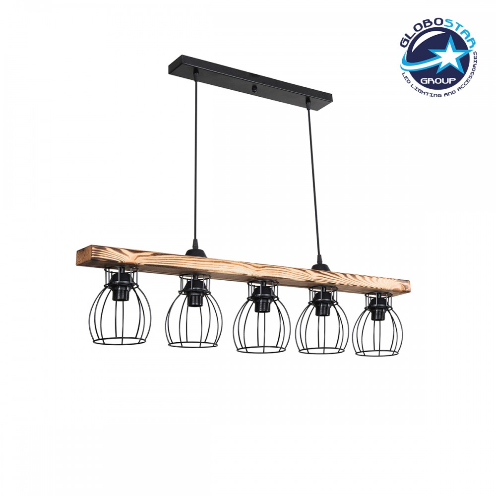 GloboStar® BARISTA 203-0095 Vintage Κρεμαστό Φωτιστικό Ράγα Πολύφωτο 5 x E27 IP20 Μαύρο Μεταλλό με Μπεζ Ξύλο - Μ50 x Π8 x Υ3cm