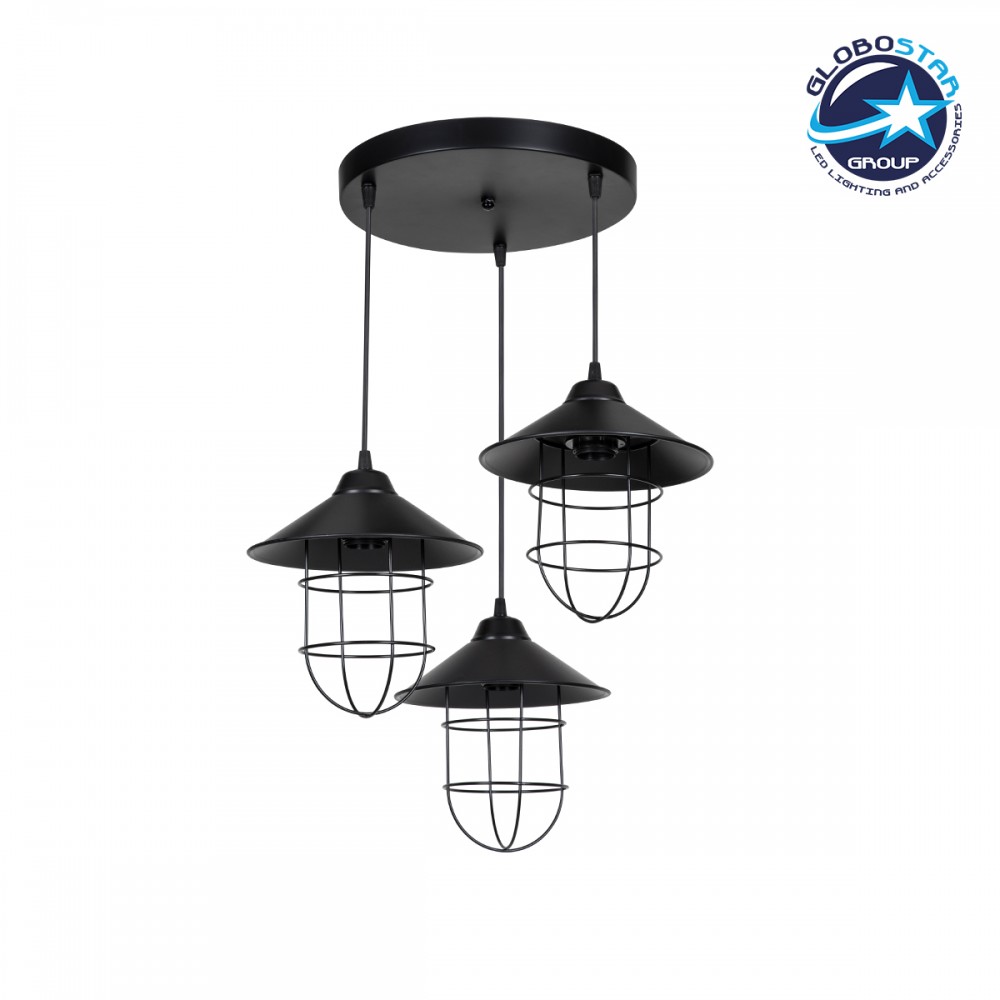 GloboStar® CAGE 203-0097 Vintage Κρεμαστό Φωτιστικό Καμπάνα Τρίφωτο 3 x E27 IP20 Μαύρο Μέταλλο - Μ30 x Π30 x Υ80cm