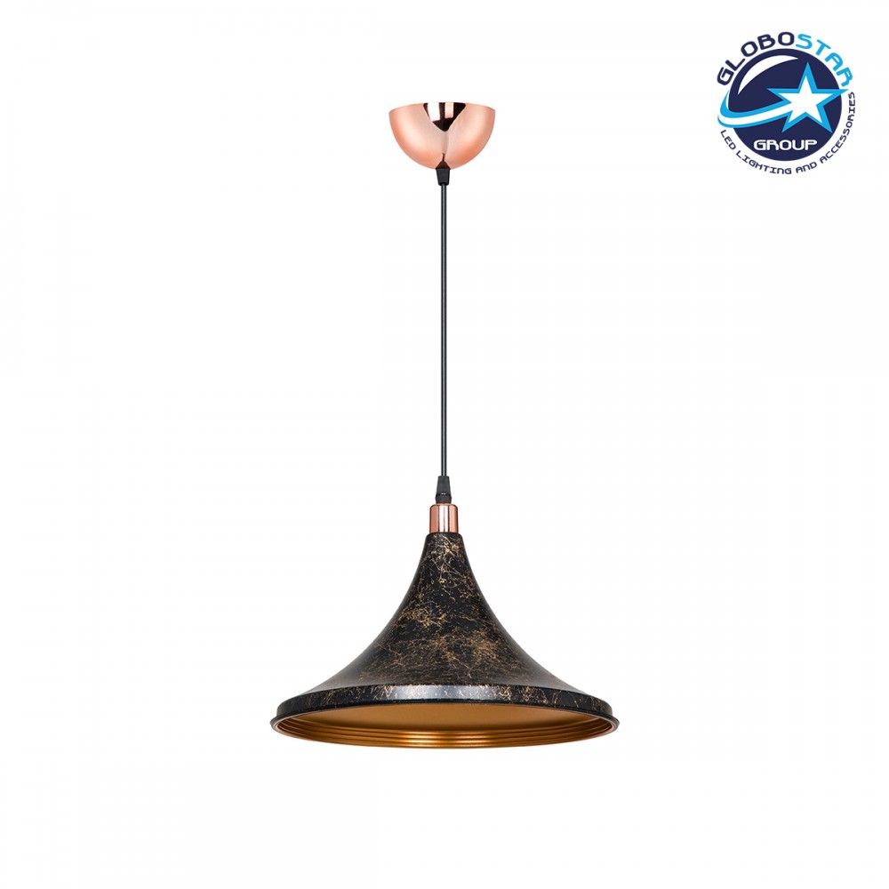 GloboStar® MARBLE 203-0099 Μοντέρνο Κρεμαστό Φωτιστικό Καμπάνα Μονόφωτο 1 x E27 IP20 Μαύρο & Χρυσό Πλαστικό - Μ30 x Π30 x Υ20cm