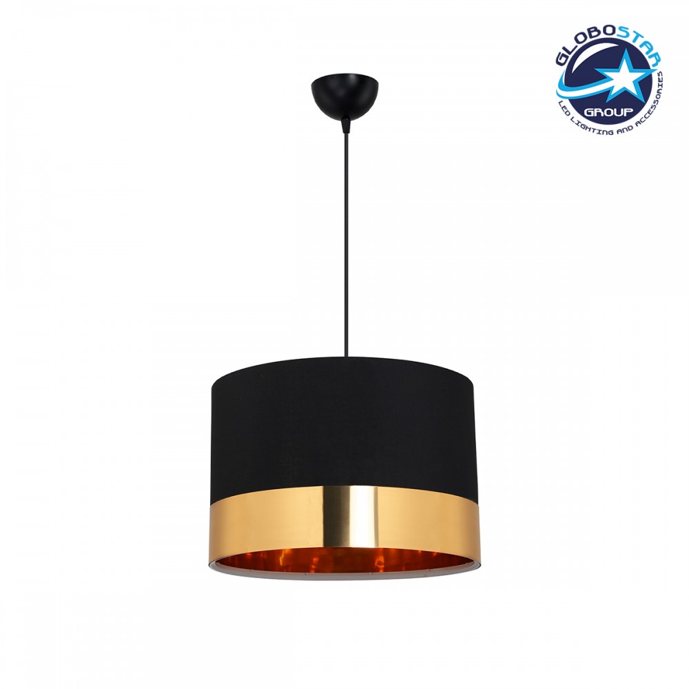 GloboStar® ZYKLUS 203-0100 Μοντέρνο Κρεμαστό Φωτιστικό Καπέλο Μονόφωτο 1 x E27 IP20 Μαύρο Ύφασμα με Χρυσό Μέταλλο - Μ36 x Π36 x Υ25cm