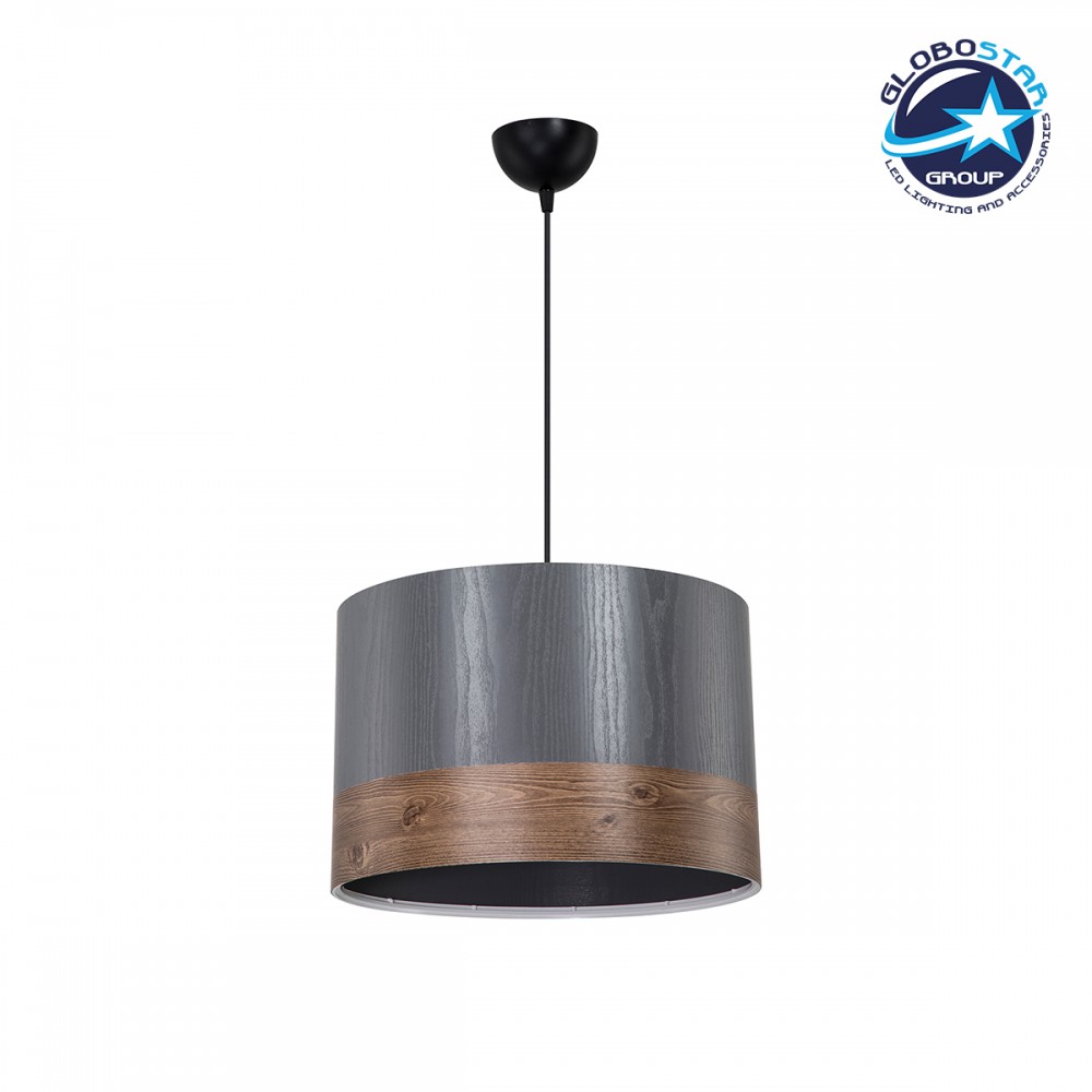 GloboStar® ZYKLUS 203-0102 Μοντέρνο Κρεμαστό Φωτιστικό Καπέλο Μονόφωτο 1 x E27 IP20 Γκρί & Καρυδί Ξύλο - Μ36 x Π36 x Υ25cm